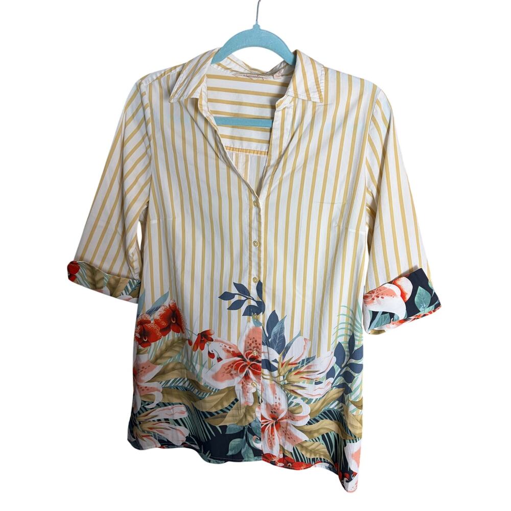 Soft Surroundings Floral Tropical Stripe Button Front Petite M Boho Resort Top‎